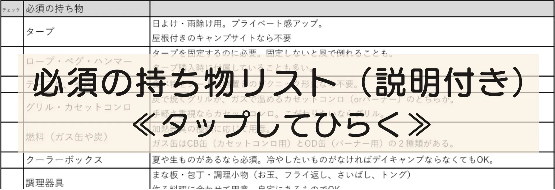 デイキャンプ　持ち物　一覧　必須