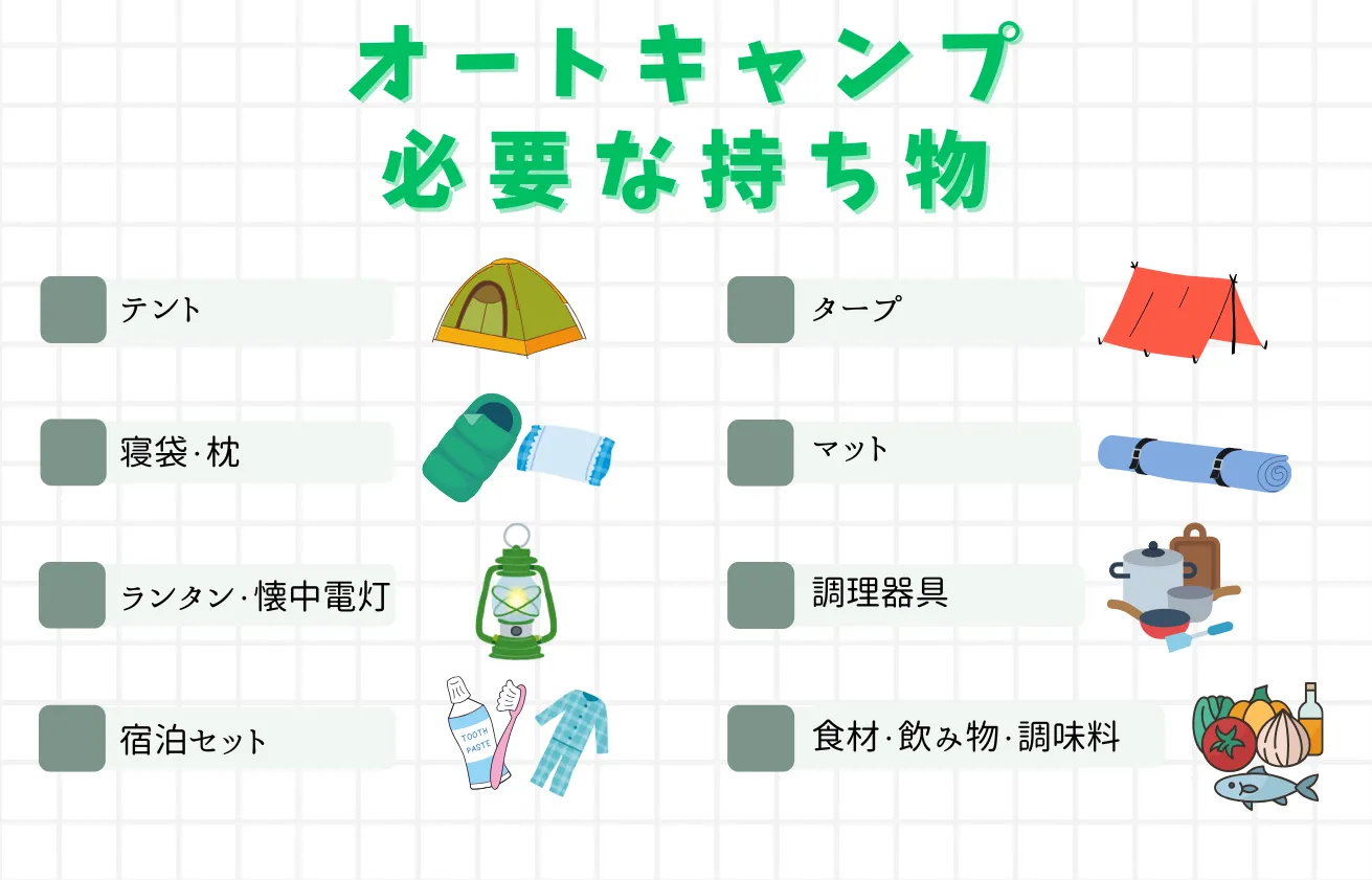 オートキャンプ　必要なもの　最低限　一覧表